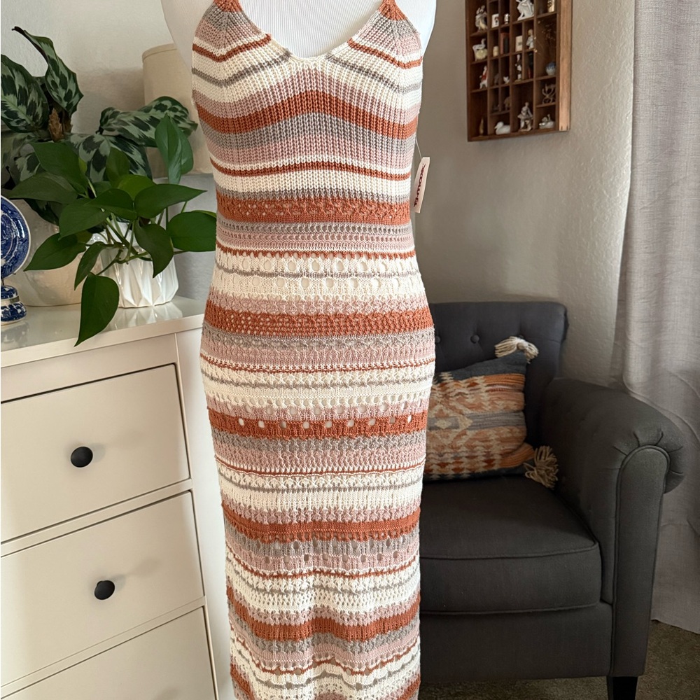 Freshman Striped Knit Midi Dress - Cream and Brown